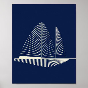 Minimalistiskt segelbåtskonsttryck i marinblått poster
