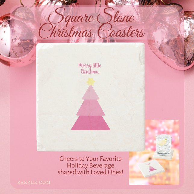 Minimalistiskt Shock rosa Merry Little Julgran Stenunderlägg (Pink square stone Christmas coasters. Perfect complement to your favorite holiday bevs and friends.)