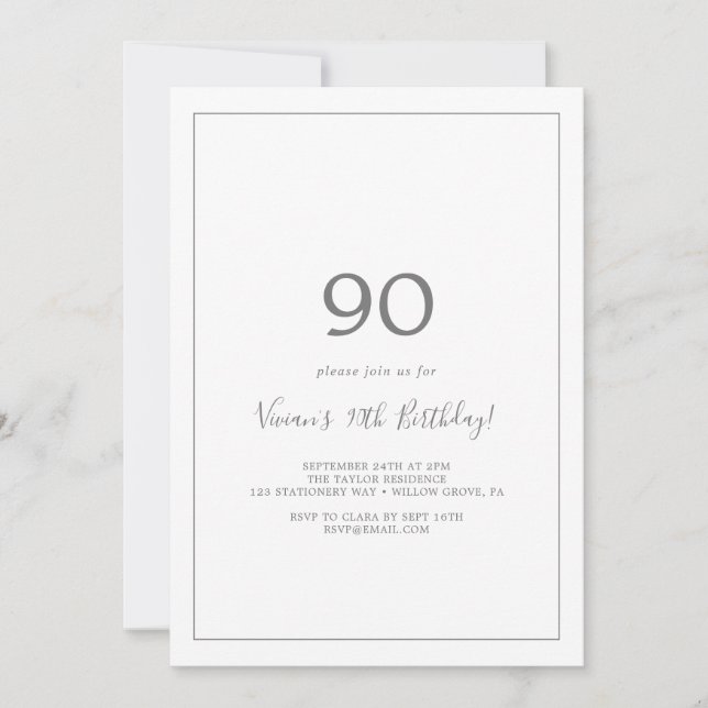 Minimalistiskt Silver 90:e Födelsedagsfest inbjuda Inbjudningar (Framsida)