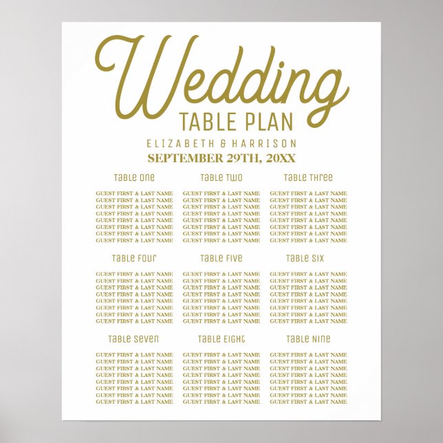 Minimalistiskt sittdiagram för vit och Guld Bröllo Poster (Framsidan)
