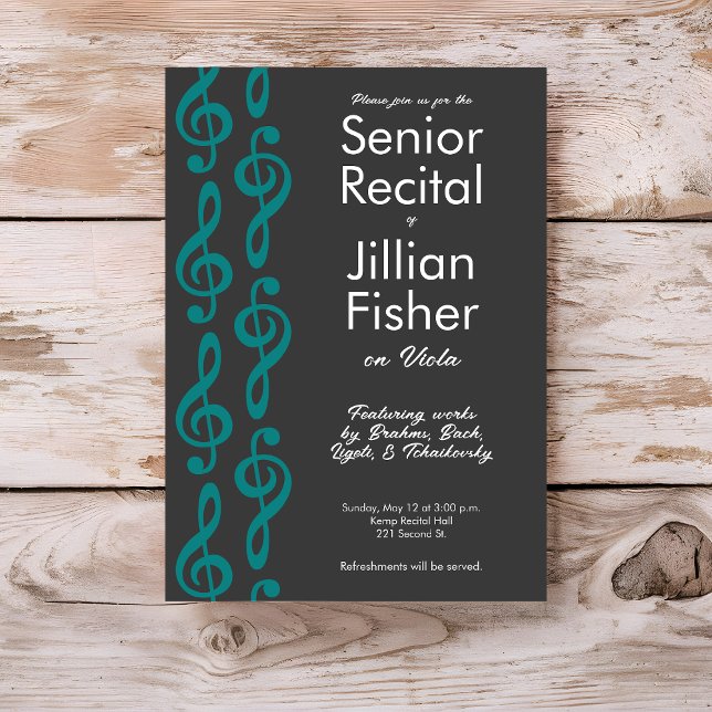 Minimalistiskt skäl för att rensa äldre musik inbjudningar (Minimalist treble clef custom music senior recital invitation template by Horn and Castle.)