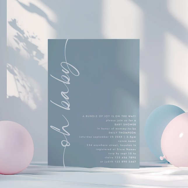 Minimalistiskt skript - blått Oh Baby Shower Inbjudningar (Skapare uppladdad)