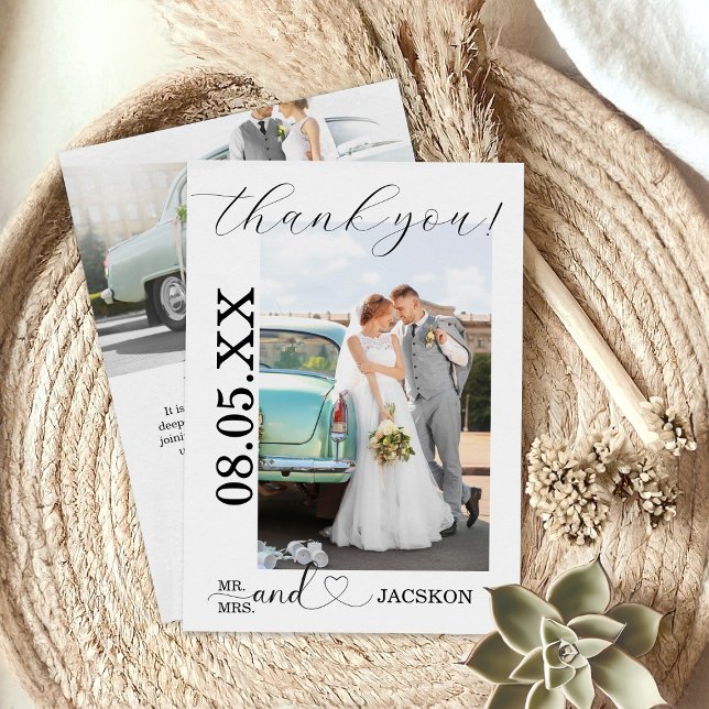 Minimalistiskt skript Bröllop-foto Tack Kort (Minimalist Script Wedding Photo Thank You Card)
