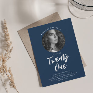 Minimalistiskt skript Foto 21st Birthday Navy Blue Inbjudningar