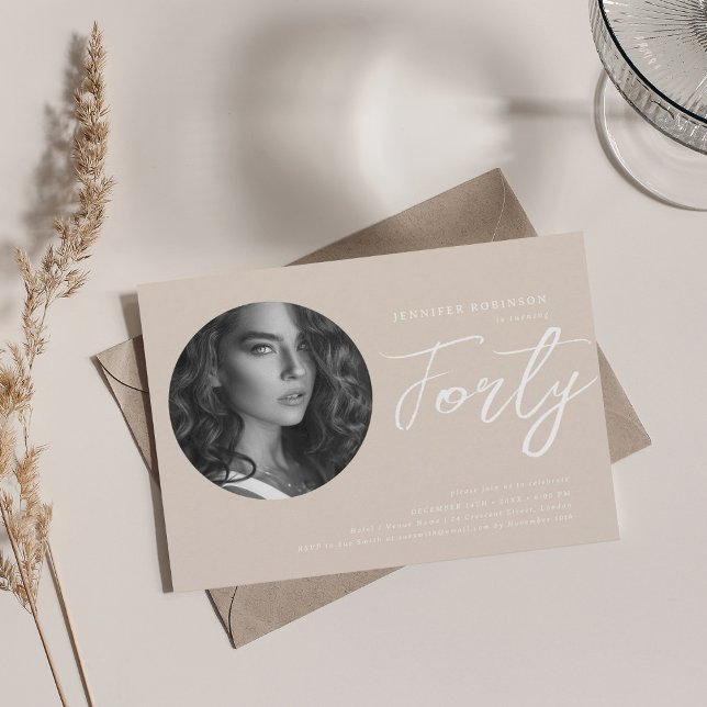 Minimalistiskt skript Foto 40:e födelsedagschampag Inbjudningar (Minimalist Script Photo 40th Birthday Champagne Invitation)