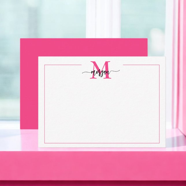 Minimalistiskt skript Monogram 1 Gräns Shock rosa Anteckningskort (Skapare uppladdad)