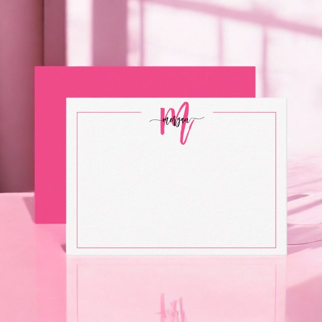 Minimalistiskt skript Monogram 1 Gräns Shock rosa Anteckningskort (Skapare uppladdad)