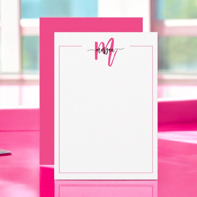 Minimalistiskt skript Monogram 1 Gräns Shock rosa Anteckningskort (Skapare uppladdad)