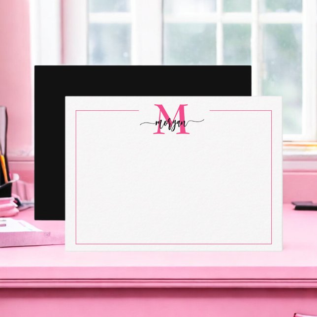 Minimalistiskt skript, Monogram Gräns Shock rosa B Anteckningskort (Skapare uppladdad)