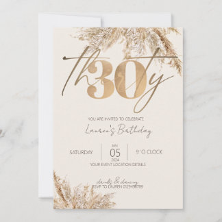 Minimalistiskt skript Pampas Grass Guld 30års föde Inbjudningar