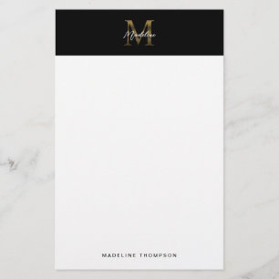 Minimalistiskt skript, svart, Guld Monogram Brevpapper