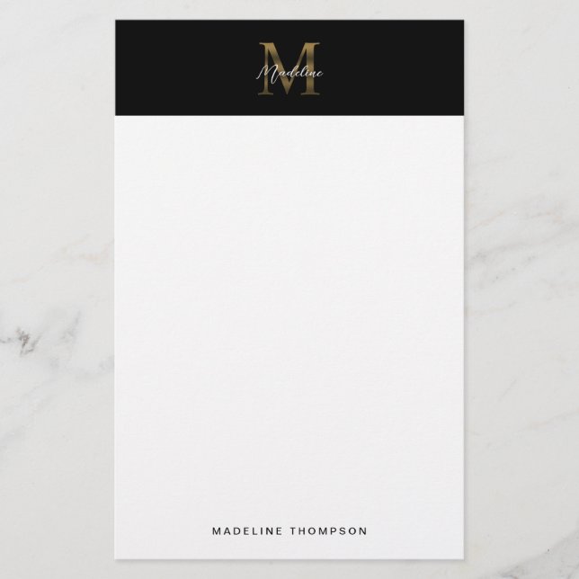 Minimalistiskt skript, svart, Guld Monogram Brevpapper (Framsida)