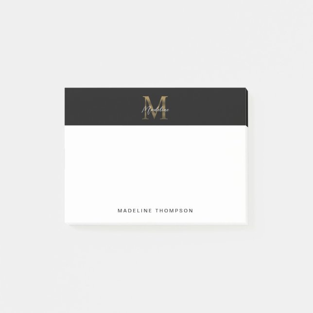 Minimalistiskt skript, svart, Guld Monogram Post-it Block (Framsida)
