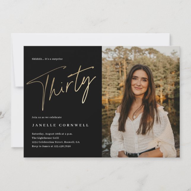 Minimalistiskt skript, svart och Guld 30års födels Inbjudningar (Framsida)