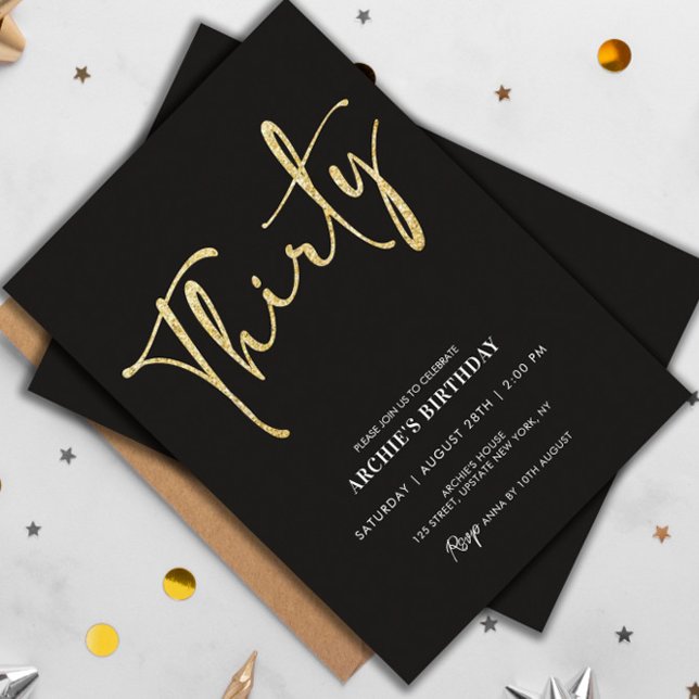 Minimalistiskt skript, svart och Guld 30års födels Inbjudningar (30th birthday invitation handwritten script modern black gold glitter)