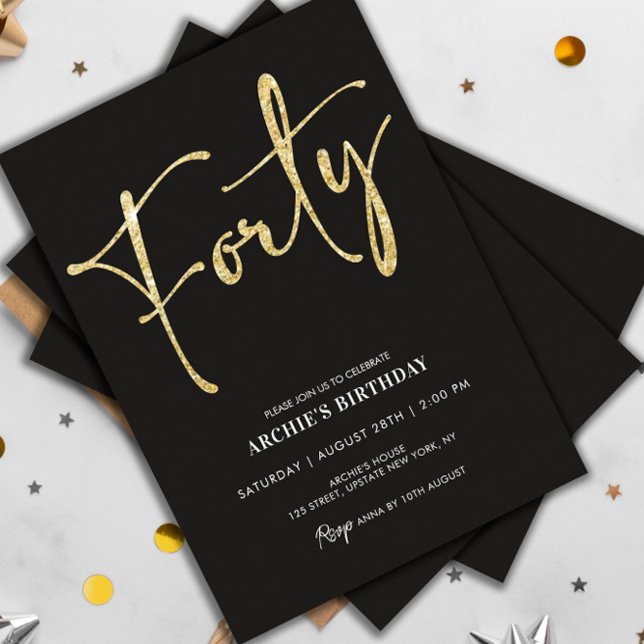 Minimalistiskt skript svart och Guld 40:e födelsed Inbjudningar (40th birthday party invitation template)