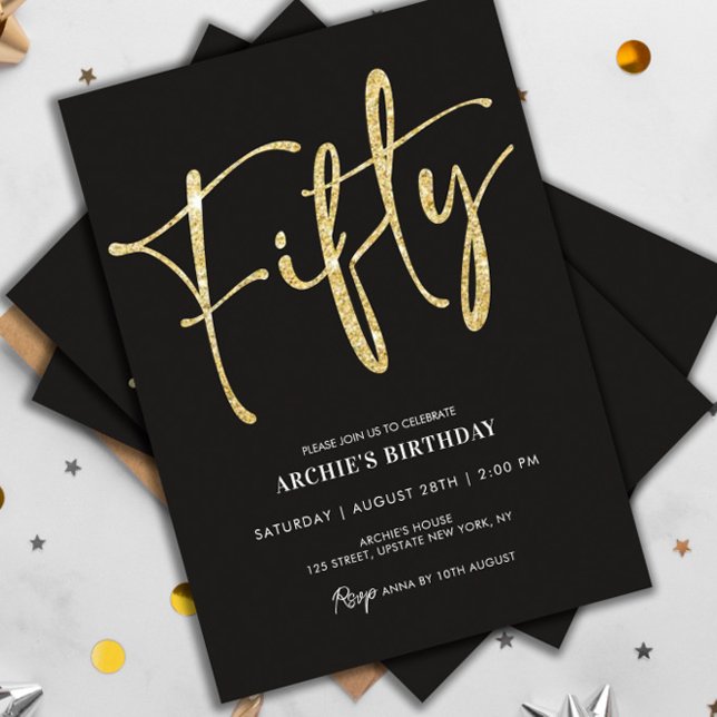 Minimalistiskt skript svart och Guld 50:e födelsed Inbjudningar (50th birthday elegant black and gold invitation)