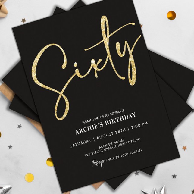 Minimalistiskt skript, svart och Guld 60:e födelse Inbjudningar (60th birthday party invitations modern black and gold glitter template)