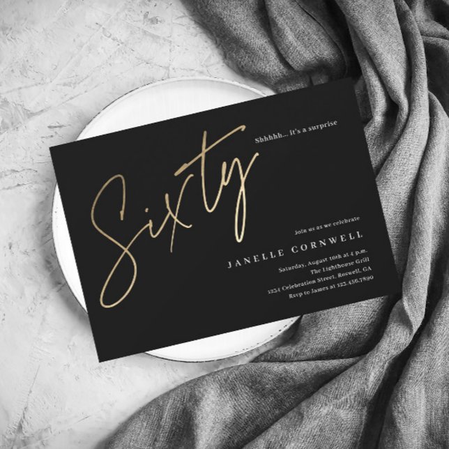 Minimalistiskt skript, svart och Guld 60:e födelse Inbjudningar (Skapare uppladdad)