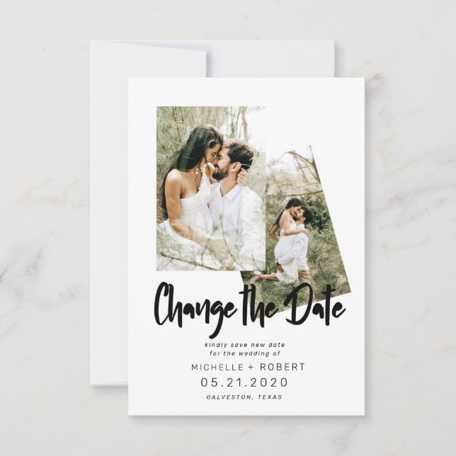 Minimalistiskt skript två fotoändring av datum inbjudningar (Framsida)