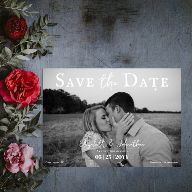 Minimalistiskt skriptfoto | Vit Spara Datumet (Minimalist Script Photo Save the Date | White)