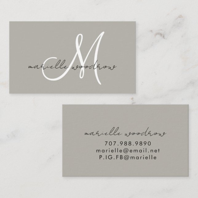 Minimalistiskt skriptmonogram mörk gråbeige visitkort (Fram/baksida)