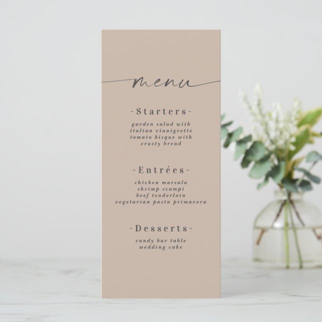 Minimalistiskt Solid Färg Sand Khaki Beige Bröllop Meny (Stående Fram)