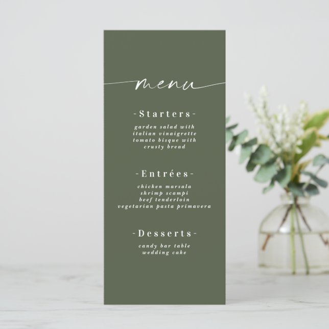 Minimalistiskt Solid Mörk Forest Grönt Bröllop Meny (Stående Fram)