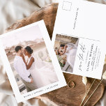 Minimalistiskt spara fotot för datumvykortsskript vykort<br><div class="desc">Bröllop spara datum-kort med foto på framsidan. Spara datumkorten innehåller en modern handskriven kursiv skripttypografi som är elegant,  enkel och modern till använda efter att du har minimalistisk enkel bröllopsdag firande.</div>
