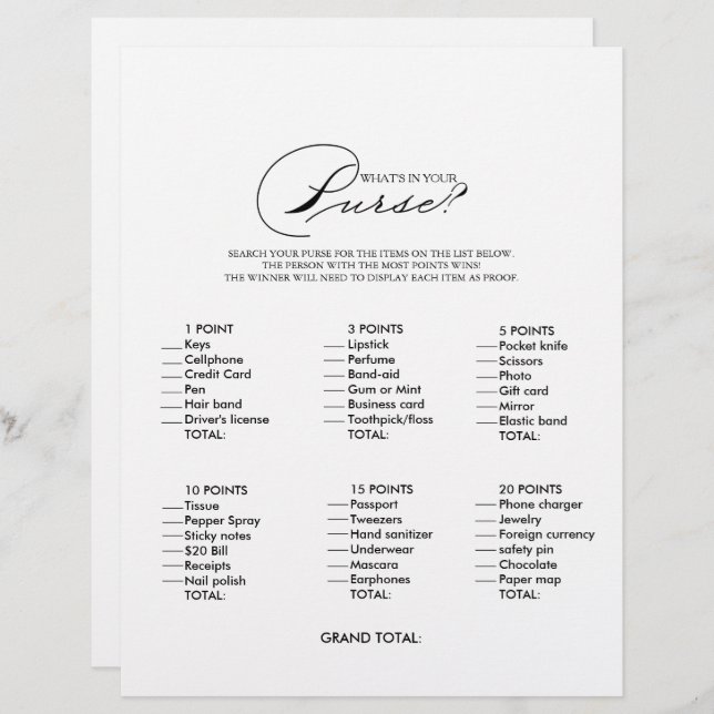 Minimalistiskt spel för vad som finns i din Purse  (Fram/baksida)
