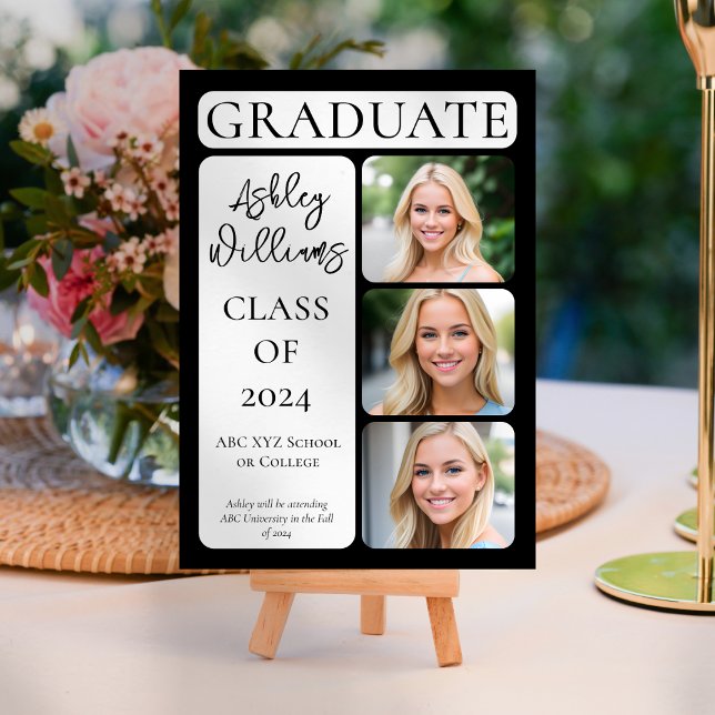 Minimalistiskt Student 3-foto för klassad Elegant Meddelande (Classy Elegant Minimalist Modern "Graduate" Portrait Style 3-Photo Graduation Announcement - Black)