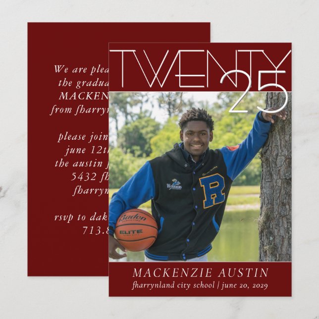 Minimalistiskt Studenten | Rött och vitt foto av M Inbjudningar (Fram/baksida)