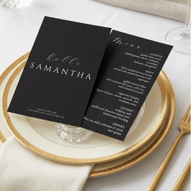 Minimalistiskt Svart Elegant Gästplatskort och Meny (Skapare uppladdad)