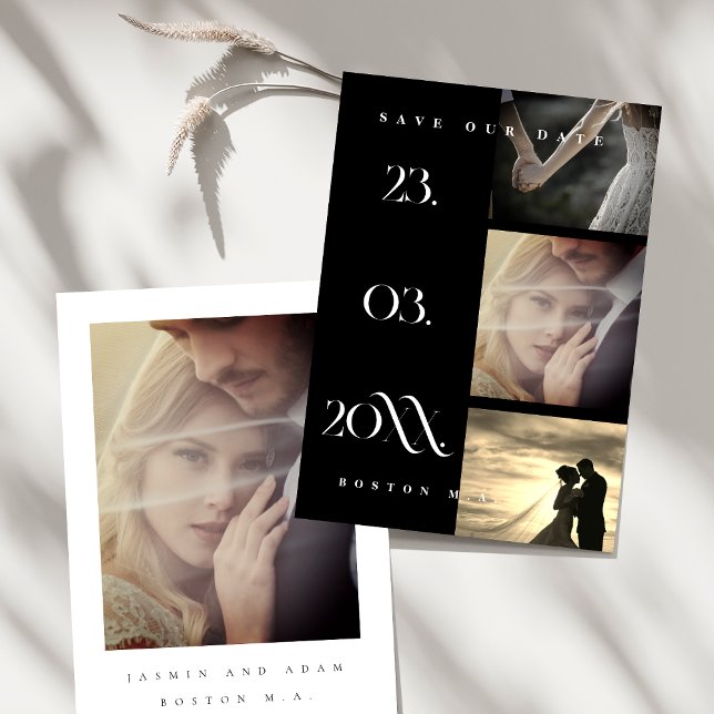 Minimalistiskt svart, enkelt skript 3 Photo Bröllo Spara Datumet (Minimalist Black Simple Script 3 Photo Wedding Save The Date)