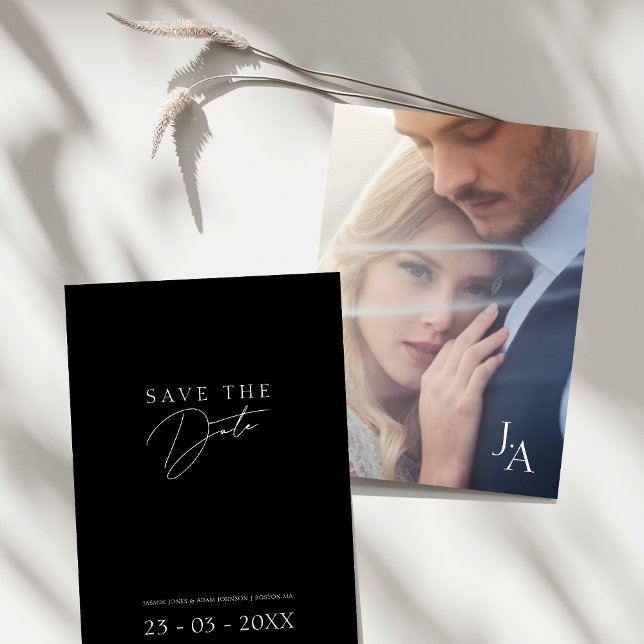 Minimalistiskt svart, enkelt skript Foto Bröllop Spara Datumet (Minimalist Black Simple Script Photo Wedding Save The Date)