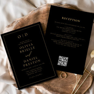 Minimalistiskt svart Guld alla i en QR-kod Bröllop Inbjudningar