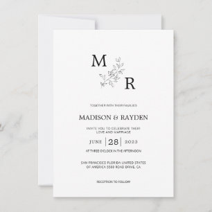 Minimalistiskt svart Monogram med löv Bröllop Inbjudningar