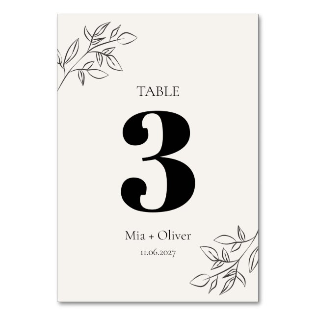 Minimalistiskt svart och gam Botaniskt Bröllop Bordsnummer (Framsidan)