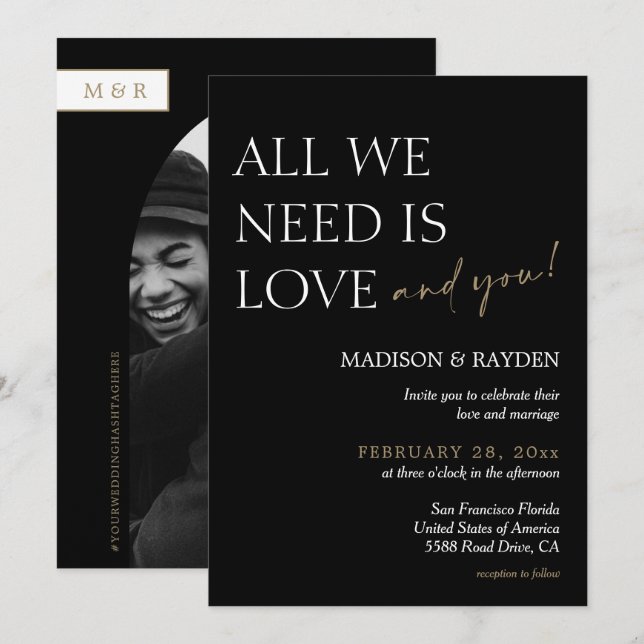 Minimalistiskt svart och Guld foto Bröllop Inbjudningar (Fram/baksida)