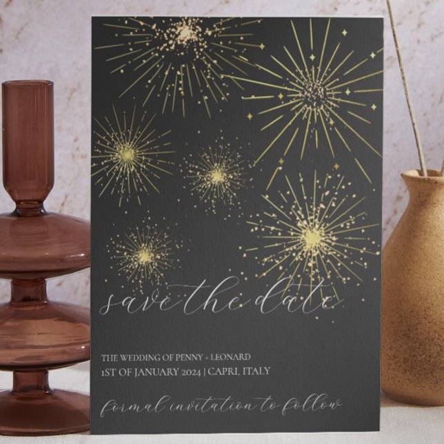 Minimalistiskt svart och Guld-fyrverkerier sparar  Inbjudningar (black and gold save the date fireworks)