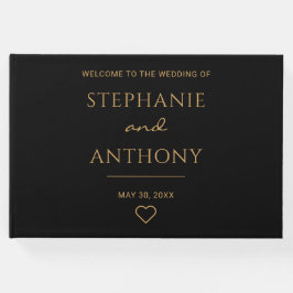 Minimalistiskt svart och Guld hjärtmodernt Bröllop Gästböcker