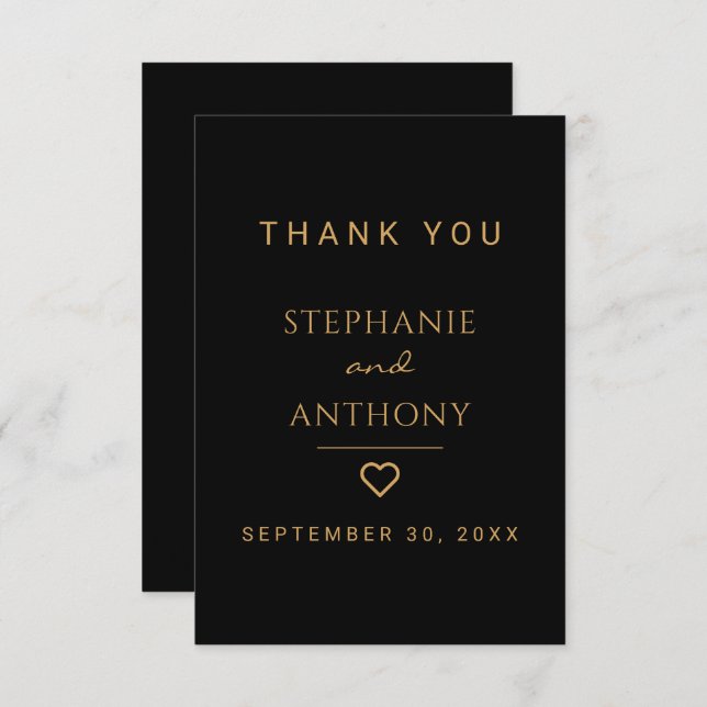 Minimalistiskt svart och Guld hjärtmodernt Bröllop Tack Kort (Fram/baksida)