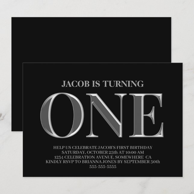 Minimalistiskt svart och Silver 1:a födelsedagen P Inbjudningar (Fram/baksida)