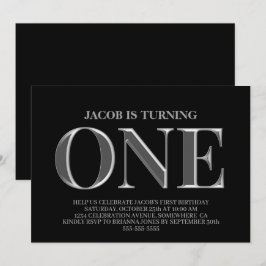 Minimalistiskt svart och Silver 1:a födelsedagen P Inbjudningar
