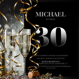 Minimalistiskt svart och Silver 30års födelsedag P Inbjudningar