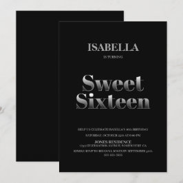 Minimalistiskt svart och Silver-sötat 16 födelseda Inbjudningar