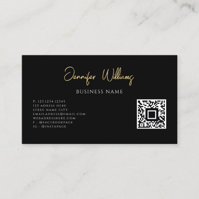 Minimalistiskt svart och vitt anpassat QR-kodskrip Visitkort (Framsida)