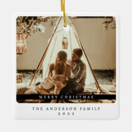 Minimalistiskt svart och vitt, enkelt foto julgransprydnad keramik