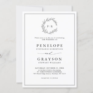 Minimalistiskt svart och vitt Löv Modern Bröllop Inbjudningar