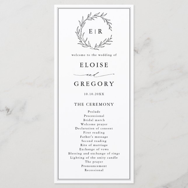 Minimalistiskt svart och vitt Löv Modern Bröllop Program (Framsida)